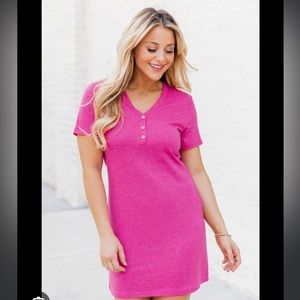 Adorably Yours Magenta Button Up T-Shirt Dress